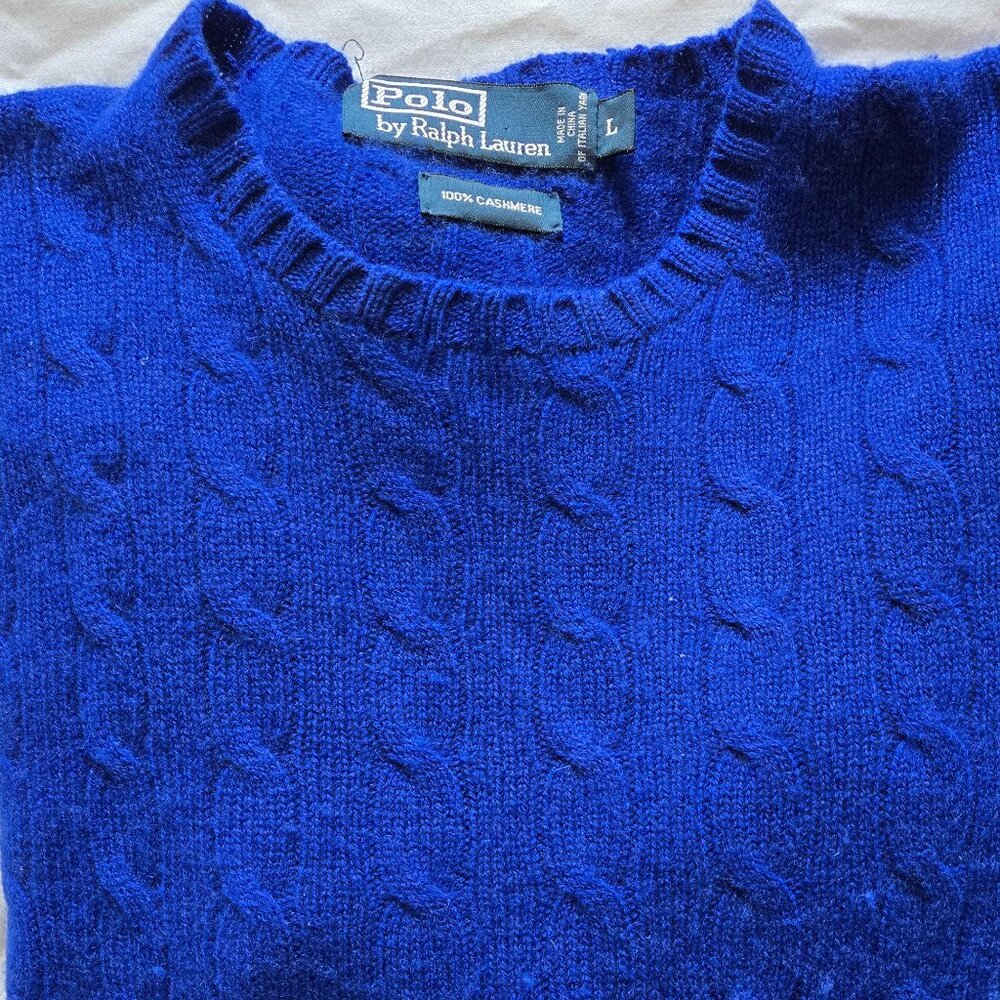 Polo by Ralph Lauren Men's Royal Blue Cashmere Cable Crewneck Sweater